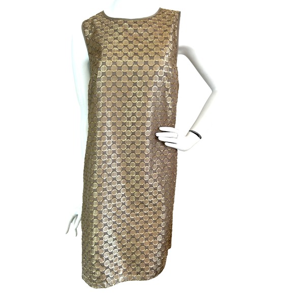 Erin Featherston Gold Sheath Dress Size 4 Small Metallic Circle Sleeveless NEW - Picture 2 of 9